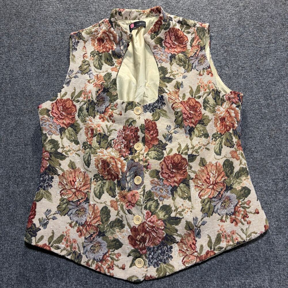 Kancy Kole Women 2XL Floral Tapestry Vest Button Down Cottagecore Chic Waistcoat